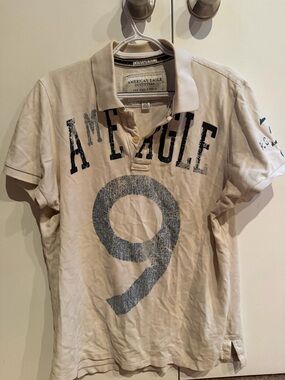 American Eagle Outfitters Cream Polo with Navy '9' Graphic